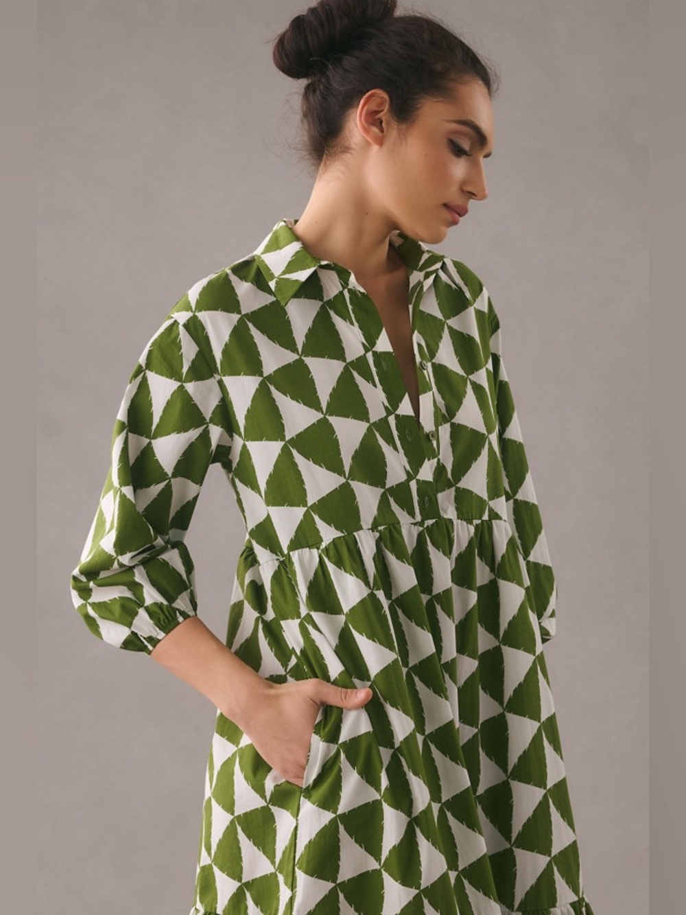 Anthropologie Maeve The Bettina Tiered Shirt Dress In Green Motif Size Large - Picture 7 of 12